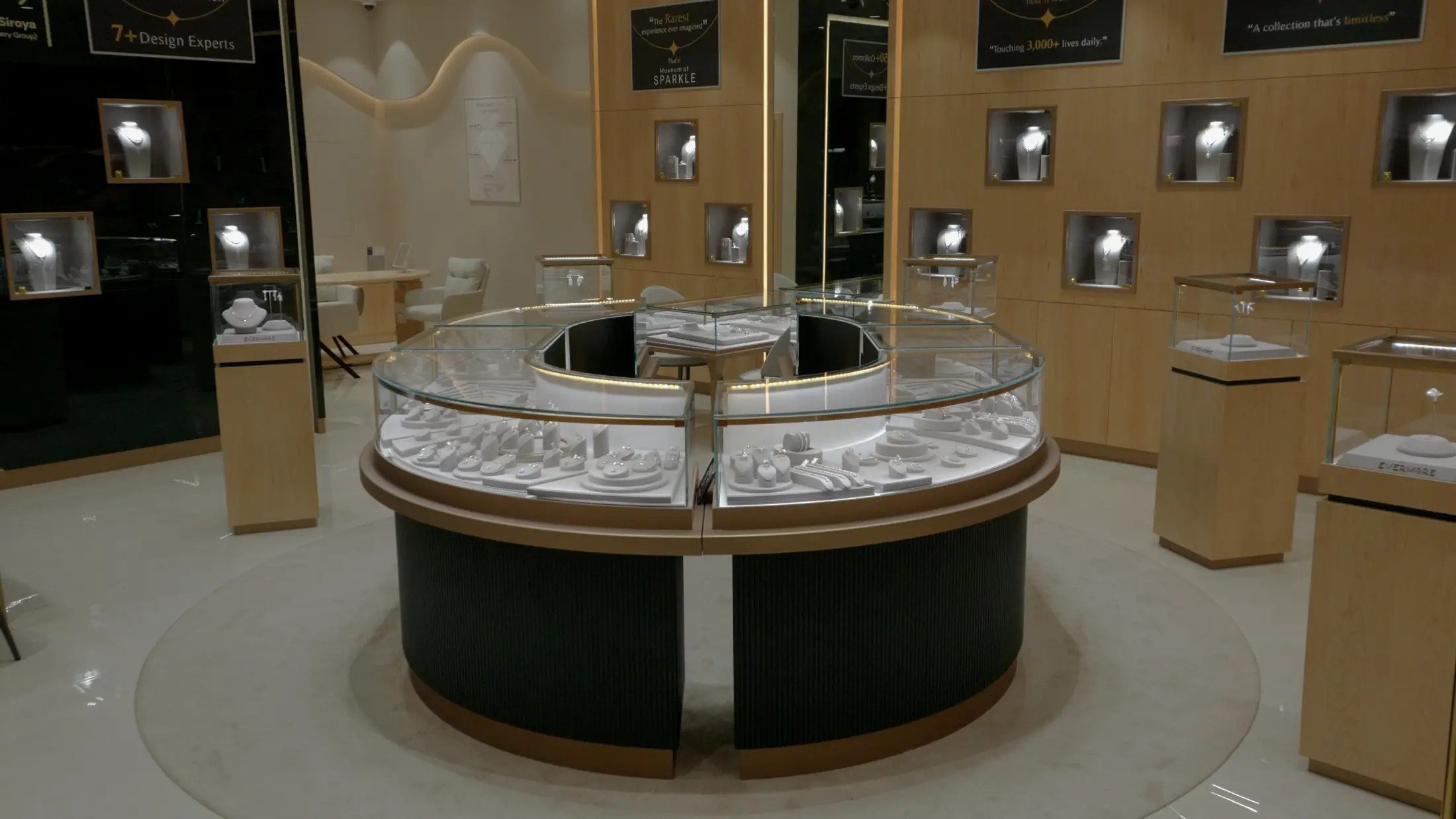 Inside the Evermore Museum of Sparkle at Wafi City: a round display counter surrounded by lit gallery niches